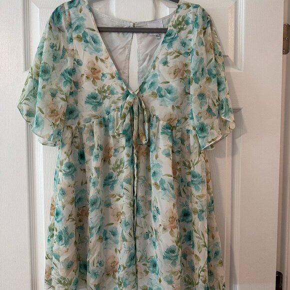 Floral Tie-Front Flutter Sleeve Mini Dress – Size M – Green/White Print - Picture 1 of 2